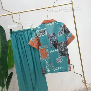 

Fiklyc Summer Ice Silk Pajamas Women's Thin Casual Cardigan Home Service Fashion Printed Silk short-sleeved trousers suit