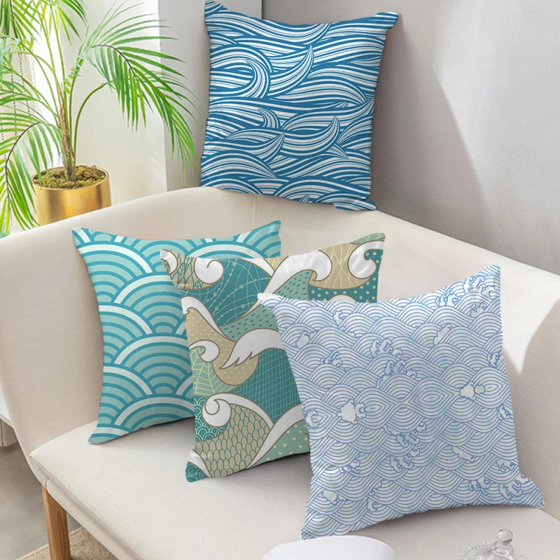 Blue Geometric Print Decorative Cushion Pillowcase Polyester Cover Wave PatternThrow Pillow Sofa Decoration Pillowcover | Дом и сад