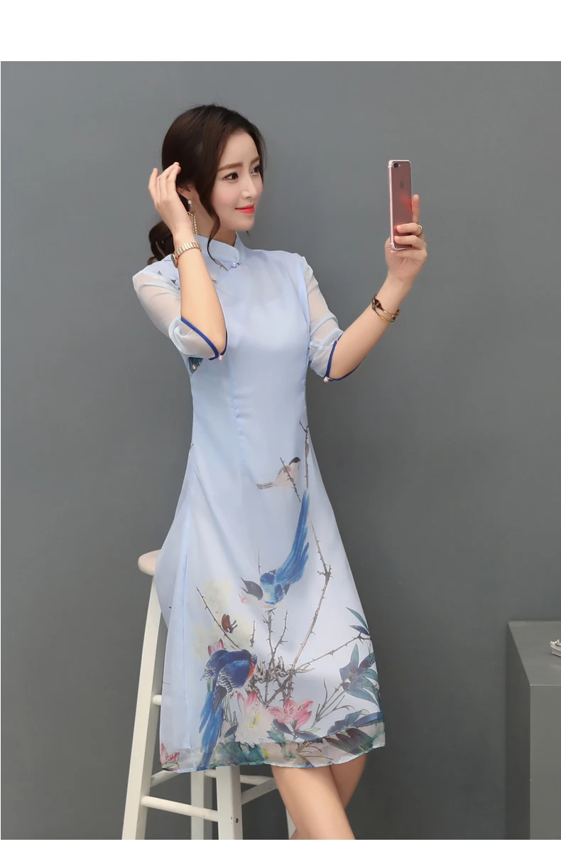 Летний Стиль китайский стиль имитация шелковой ткани средней длины Cheongsam шелк тутового шелкопряда Улучшенная художественная и художественная чайная серва