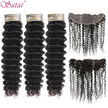 

Satai Deep Wave 3 Bundles With Frontal Brazilian Hair Bundles 100% Human Hair Bundles With Closure Non-Remy Hair Extensions