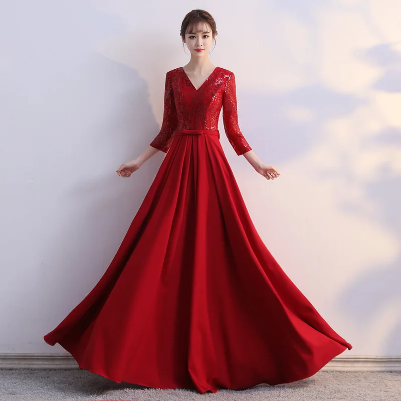 

robe de soiree pretty red Formal Evening Dresses sequins v-neck Sexy evening gown Fashion bowknot Big yards Formal Dress