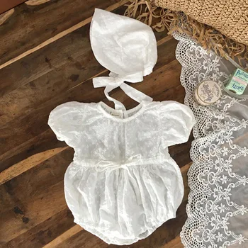 

2020 baby clothing set white color hollow out design sweet baby clothesl set with cap