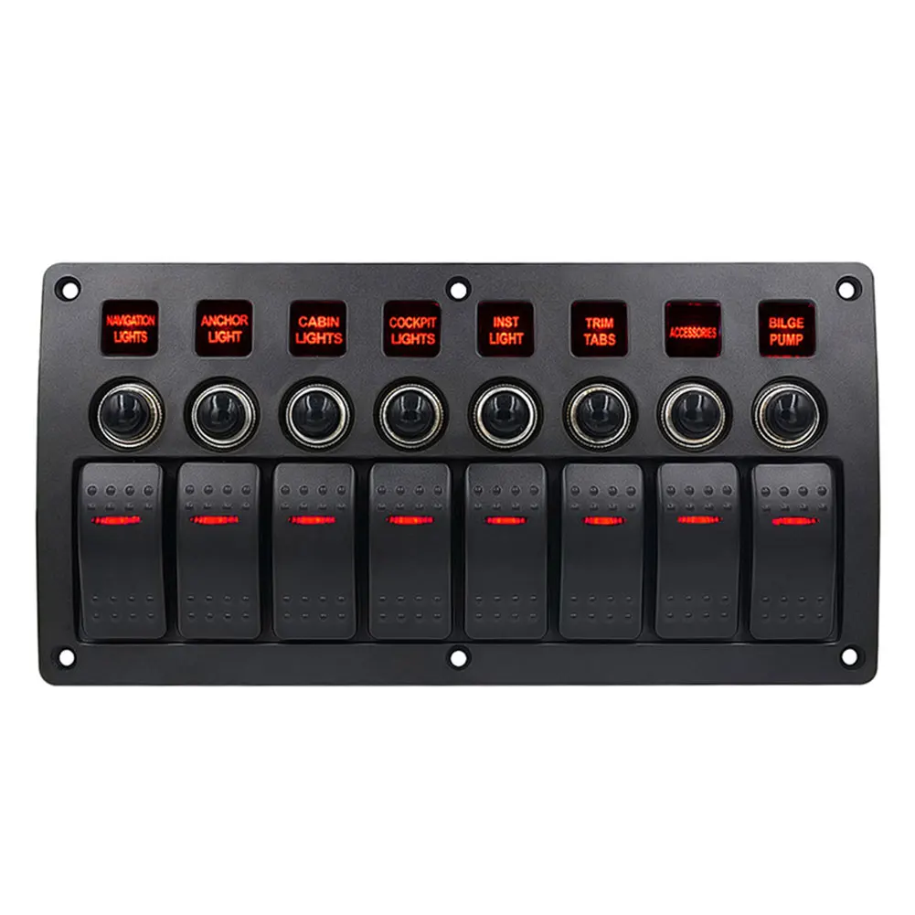 Yacht Waterproof Universal LED Light Car 8 Gang 3Pin 12V 24V Auto Rocker Circuit Breaker Marine Switch Panel Boat