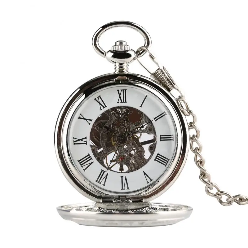 Luxury Silver Roman Numerals Display Skeleton Clock Men Women Hand Winding Mechanical  Pocket Watch Pendant Chain Half Hunter