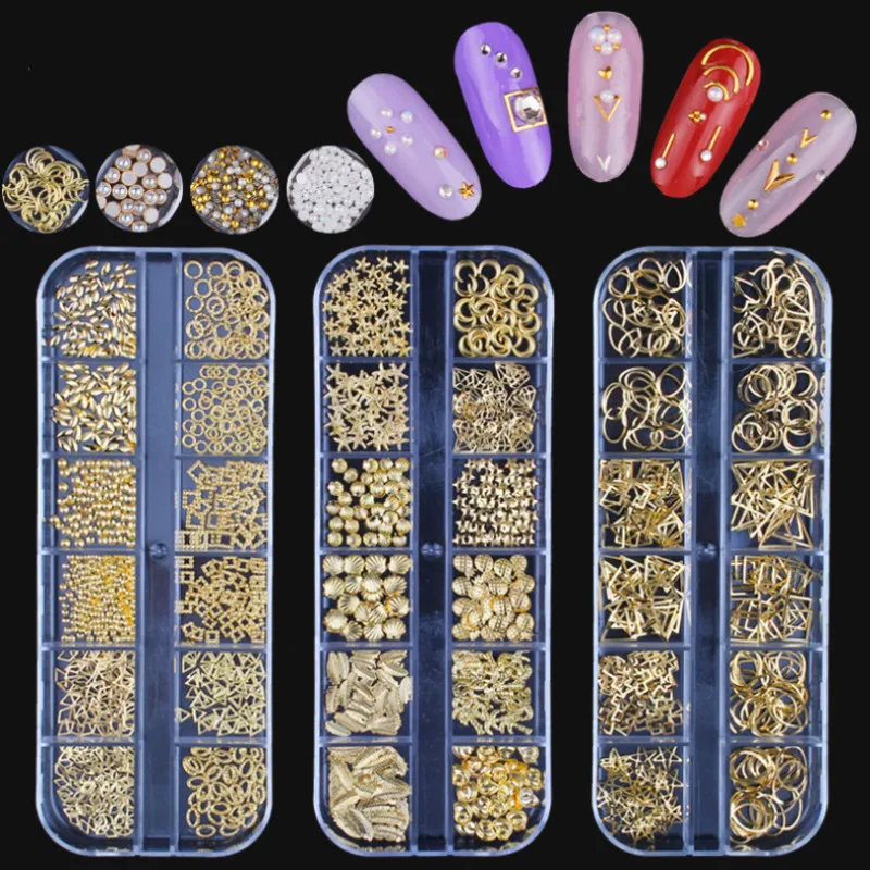 

1 Case Gold Silver Hollow 3D Nail Art Decorations Mix Metal Frame Nail Rivets Shiny Charm Strass Manicure Accessories Studs