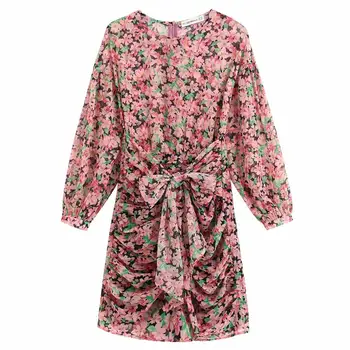 

New Women O Neck Lantern Sleeve Printing Pleated Dress Ladies Bow Sashes Casual Slim Vestidos Chic Chiffon Mini Dresses DS3392