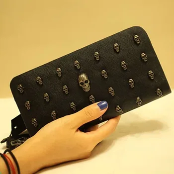 

New Fashion Women Lady Long Wallets Purse Female black punk style skull PU Leather Feminina for Coin Card Clutch Bag