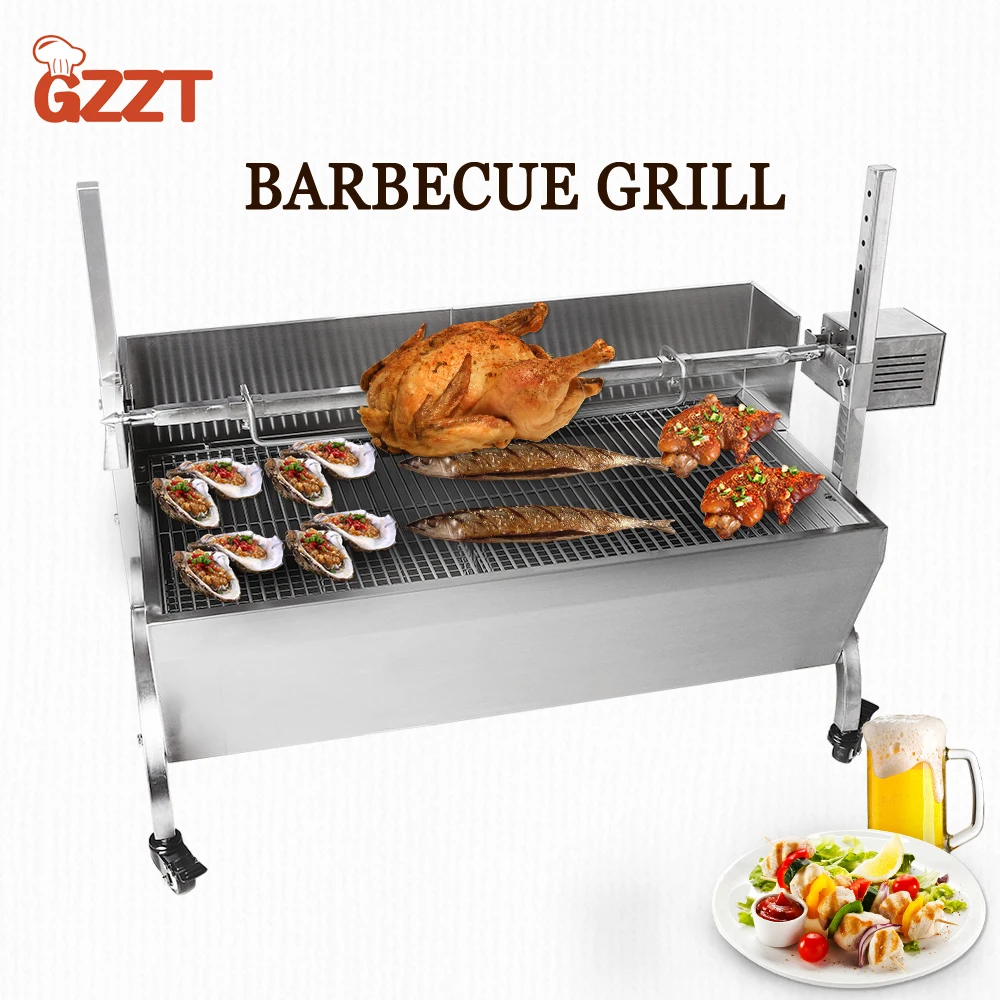 GZZT Charcoal Grill Outdoor Barbecue Cart Pig Lamb Goat Portable BBQ Cooking Grid with Rotisserie Motor and Manual Rotate Handle