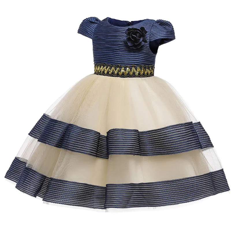 

New Baby Girls Party Patchwork Floral Design Short Sleeve Dress Robes Formal Performance Dresses 3-12T 4Color