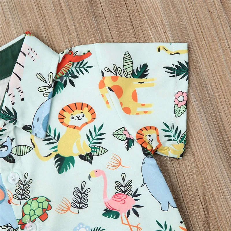 Комплект одежды для мальчиков 1-5 лет, Модная рубашка с животным принтом «зоопарк Обезьяна, Тигр» для мальчиков, комплект из топа и зеленых шорт, одежда для мальчиков, Детский комплект