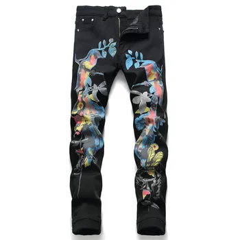 

New Fashion Brand Mens Floral Jeans Flower Longs Pants Bird Pattern Painted Printing Elastic Leisure men slim Jeans 5650#