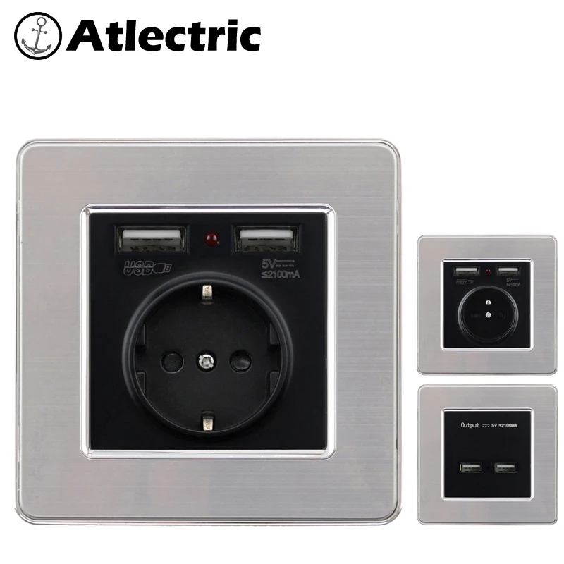 Atlectric ЕС FR стандартная розетка питания Франция розетка для стены с двойной порт USB панель из нержавеющей стали электрическая вилка переходник usb socket