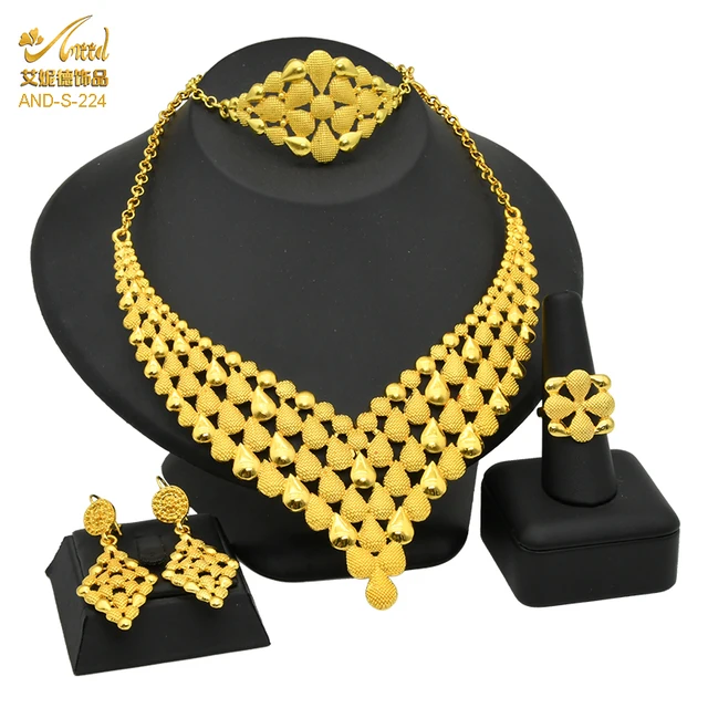 Indian Jewelry Set Wedding 24k Gold Color African Jewelry Dubai Bridal Sets Nigerian Necklace Bracelet Earring Gold Jewellery S-224-Gold