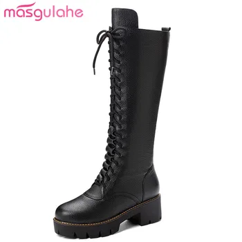 

Masgulahe sexy knee high boots 2020 autumn winter boots for woman hot new round toe platform shoes genuine leather boots