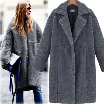 

2020 Women Autumn Winter Coat Loose Solid Color Jackets Lapel Casual Long Sleeve Warm Faux Cashmere Wool Women Coat