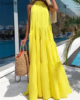 

Women Sleeveless Tiered Stand Neck Long Casual Dress Solid Color Summer Beach Holiday Boho Maxi Dress