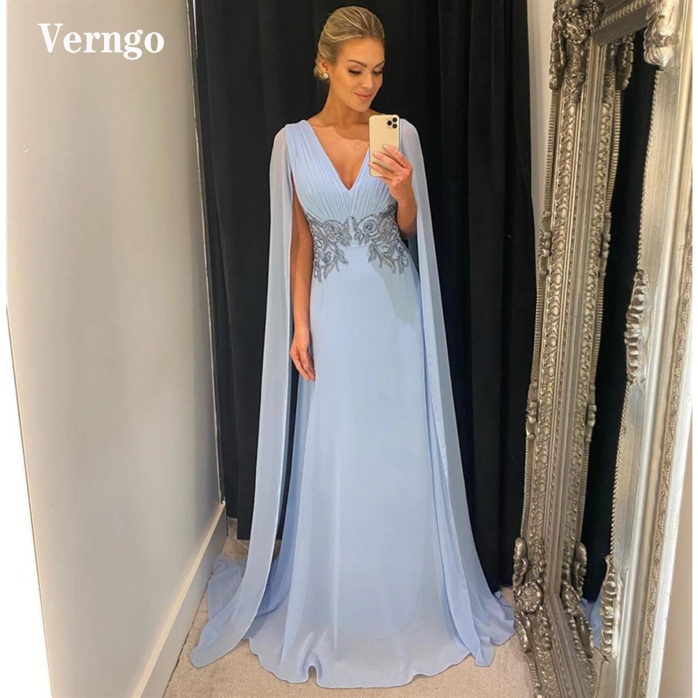 Verngo Vestidos de Fiesta de gasa azul para mujer, vestidos de noche elegantes con mangas largas, larga, cuello en V, Apliques de encaje, largo hasta el suelo|Vestidos graduación| -