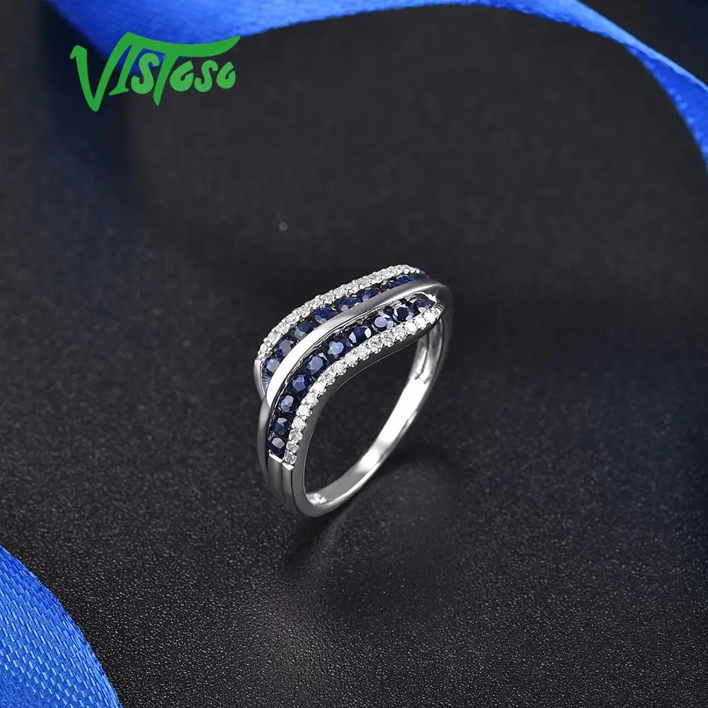 VISTOSO Gold Rings For Women Genuine 14K 585 White Gold Ring Sparkling Diamond Natural Blue Sapphire Luxury Trendy Fine Jewelry