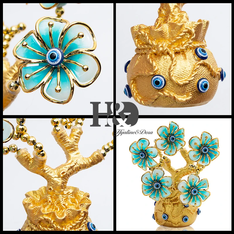 H& D Fengshui синий сглаза дерево фигурка деньги защита Фортуны дерево декор на удачу подарок зеленый цветок с золотым богатством мешок