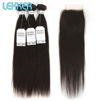 

Lekker Hair Straight Bundles WIth Closure Peruvian Hair Weaves Pcs Remy Hair Bundles with Closure Natural Color