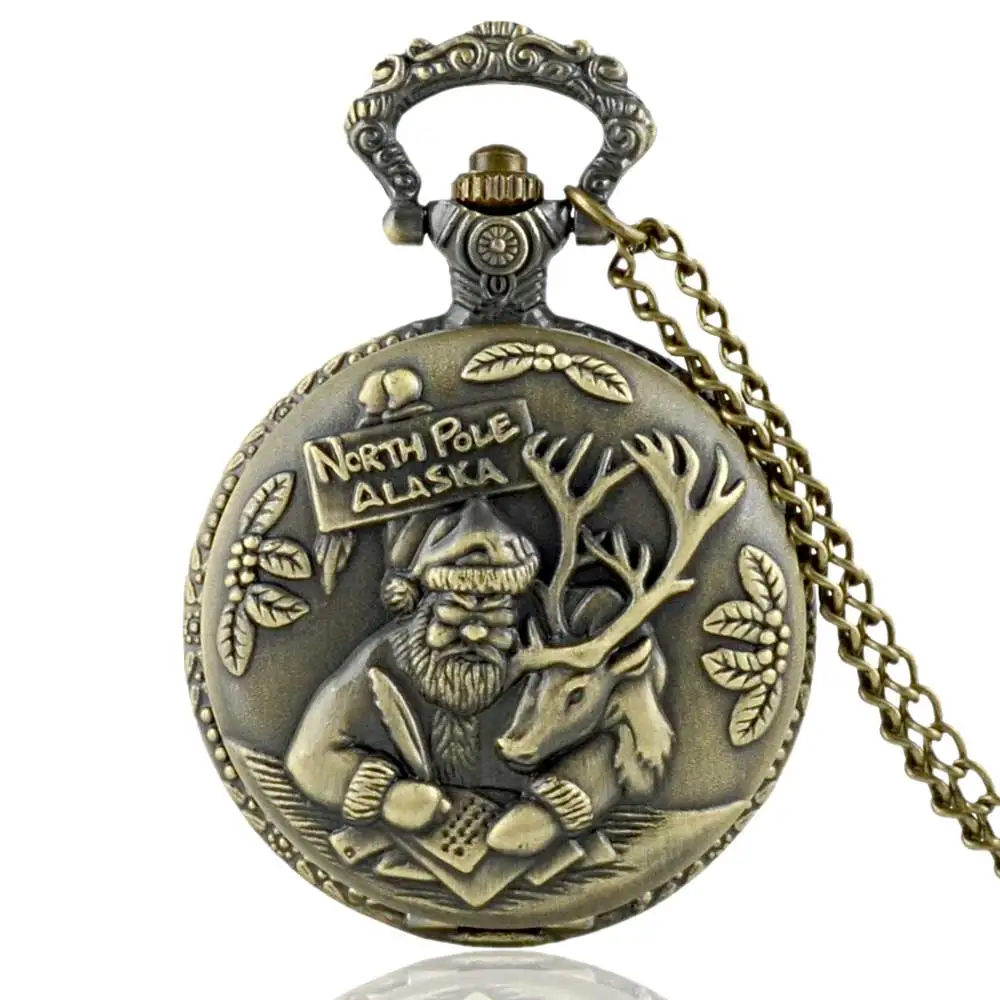 

IBEINA Vintage Bronze North Pole Alaska Quartz Pocket Watch Men Women Santa Claus Pendant Necklace Clock Christmas Gift