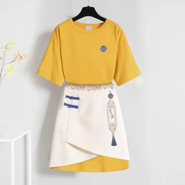 Cute Long T shirt Yellow Dress 2 Piece Set Women Outfits Casual 2 pcs Tops  and Skirt Set Plus Size Summer 2 Piece Set Clothes|Women's Sets| -  AliExpress