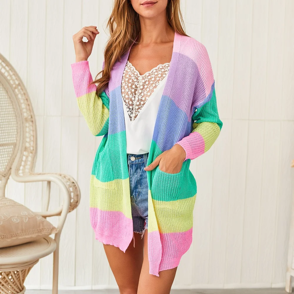 Joineles Fashion Rainbow Colorful Women Sweaters Autumn Winter Color Block Stripe Cardigans Pockets Casual Female Outwear Tops |