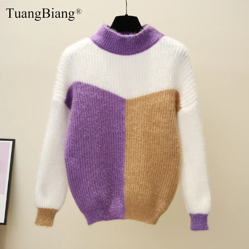 

Long Sleeve Contrasting colors Thick Winter Sweaters Ladies elegant Loose warm Turtleneck Pullover Beautiful Autumn knit Jumpers