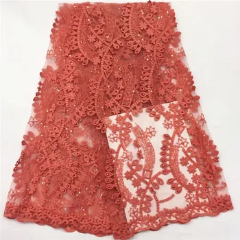 

Excellent coral color party apparel French tulle fabric embroidery African net lace cloth with beads PAN77(5yards/lot)