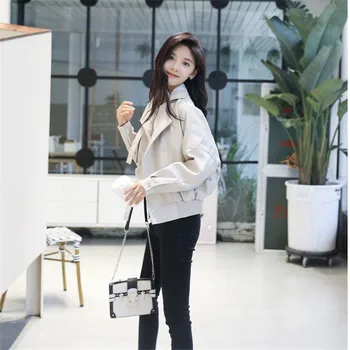 

Casual Loose Women Short Faux Leather Jacket 2020 Fashion Turn-down Collar Bomber PU coat and Coats Solid Pockets Streetwear
