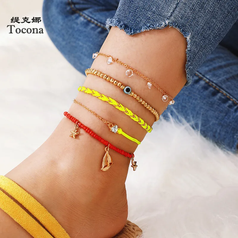 

Tocona 5pcs/sets Bohemian Beaded Natural Stone Anklets for Women Starfish Geometric Rope Foot Chain Beach Jewelry 8541