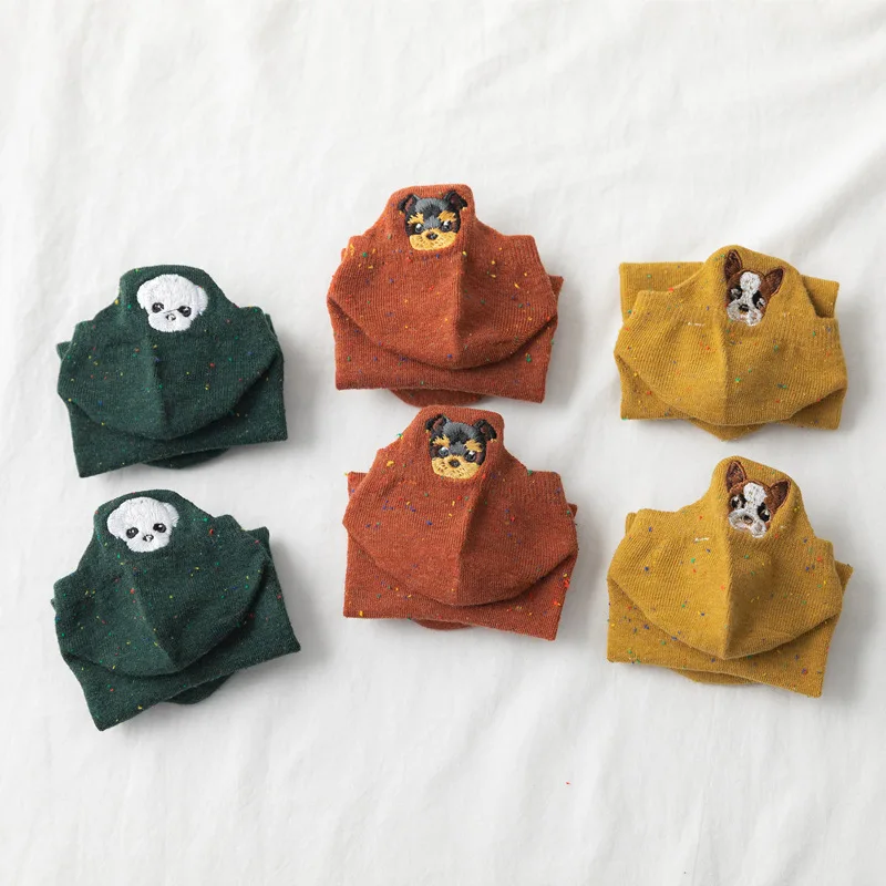 

2020 spring and summer new heel couple socks cartoon puppy embroidery men and women boat socks ideas yarn absorbent boat socks