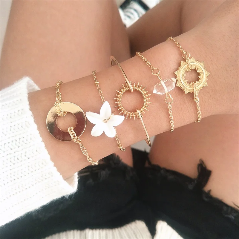 

5 Pcs/ Set Boho Sun Flower Bracelets Set Personality Crystal Beads Round Chain Multilayer Bracelet Women Exquisite Jewelry Gift