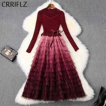 

Long Women Layered Dress New Knitted Pullover Gradient Spring Dress Patchwork Women Slim Full Sleeve O-Neck Party Dress