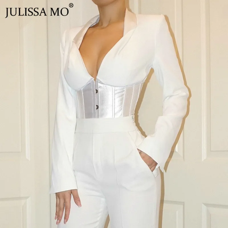 Julissa mo элегантная бандажная блузка с бантом на спине, Женская белая сексуальная Облегающая рубашка с v-образным вырезом и длинным рукавом, весенние женские блузы на шнуровке, топы