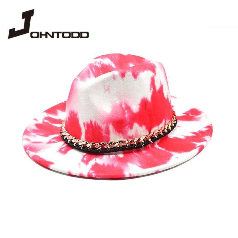 

2021 Fashion Women Men Autumn Winter Fedora Hats Wide Brim Jazz Caps Church Felted Chain Belt Cowboy Vintage Luxury Ladies Hats