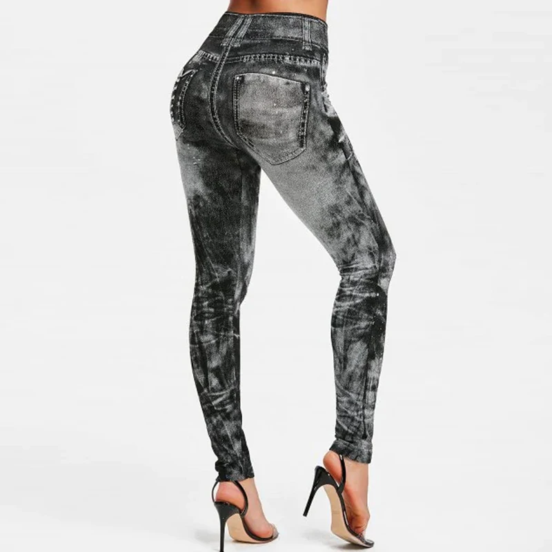 Sexy Faux Jeans Leggings Women Stretch Printed Short Leggins Plus Size Calf-Length Pants Summer Breeches High Waist Jeggings fishnet leggings