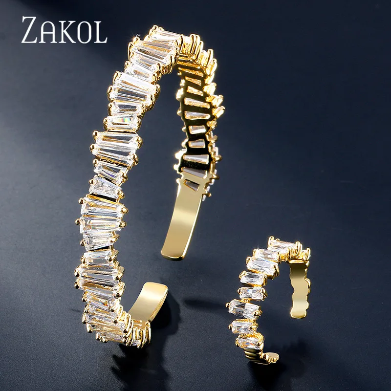ZAKOL Luxury Square Cubic Zirconia Adjustable Bracelet Ring Set Bridal Jewelry for Women Wedding Dinner Birthday Gift FSSP3042