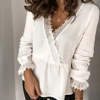 

Elegant Blouses Casual Solid Loose Blouse Women Long Sleeve Shirts Autumn V-Neck Basic Shoulder Blouses Vintage Office Lady Tops