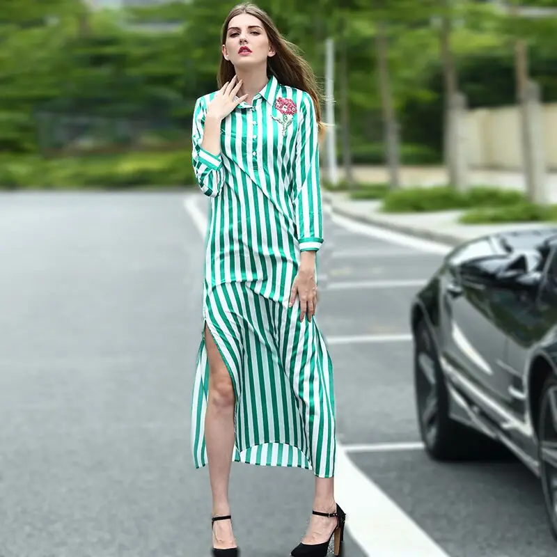 

VERDEJULIAY European Wide Dresses Women 2020 Spring New High Street Design Green Striped Embroidery Long Loose Dress 4XL