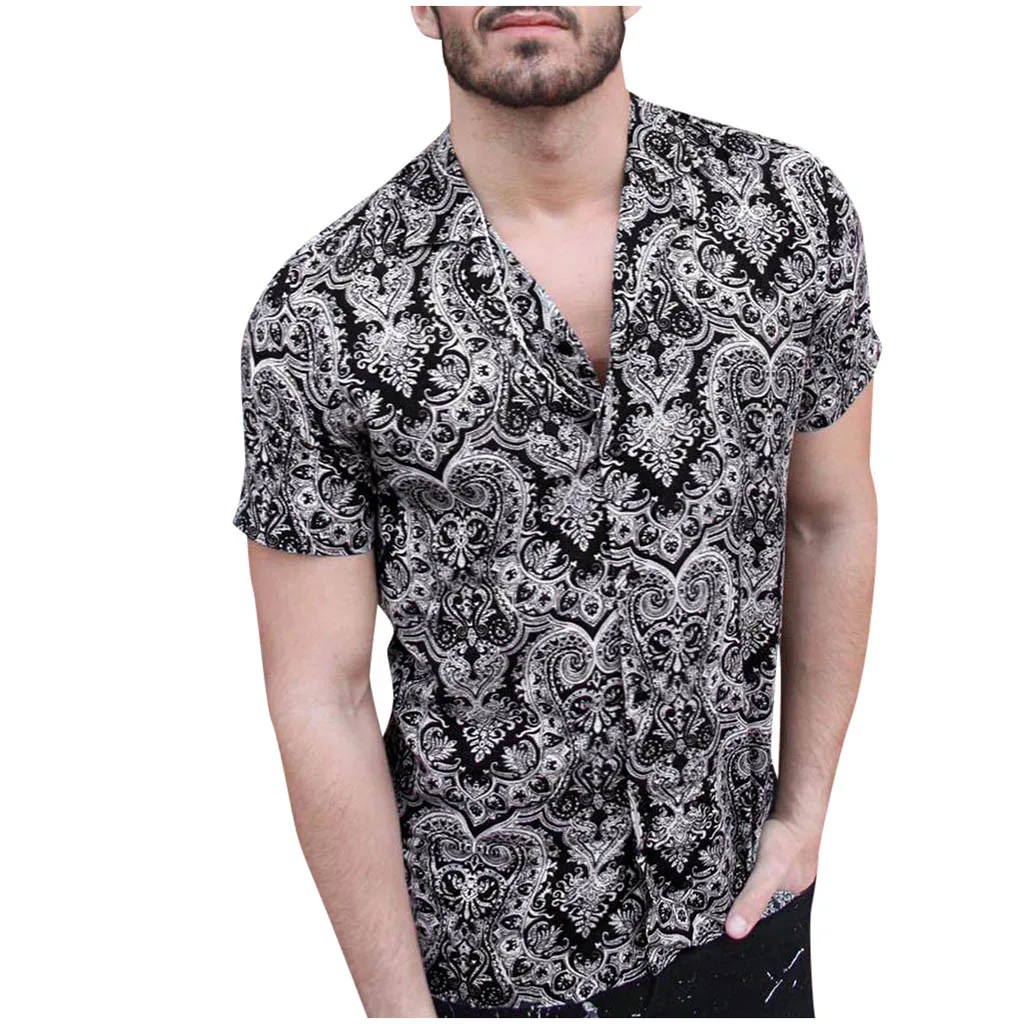 

Men's Shirt Totem Print Multicolor Block Chest Pocket Short Sleeve Round Hem Loose 2020 Camisas masculina Black tops