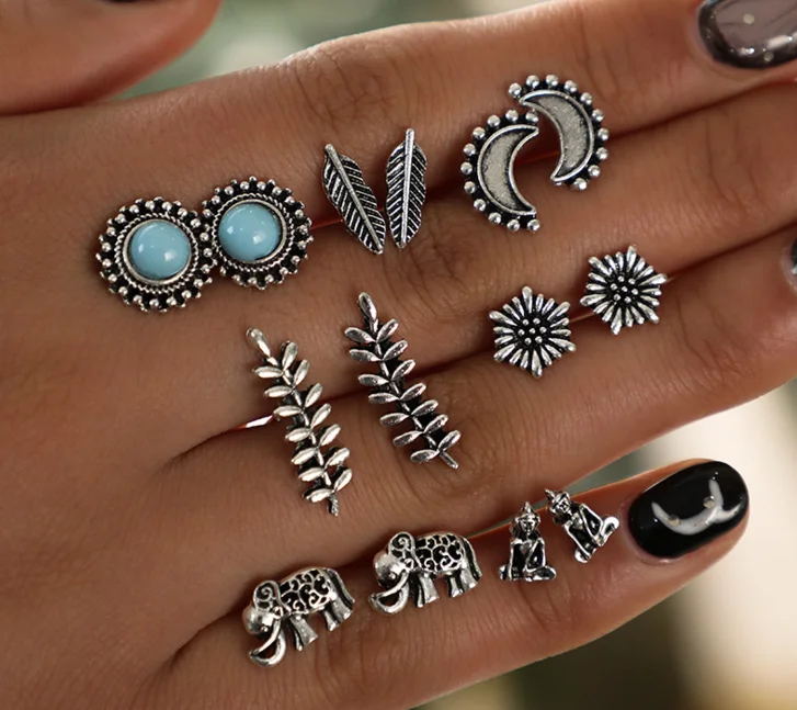 7 пар/компл. богемная резная статуя слона Будды листья цветы луна драгоценный