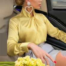 

2022 Fashion Women Elegant Office Lady Blouse Solid Long Sleeve Twist Button Satin Top Spring Summer Casual Blouse Loungewear