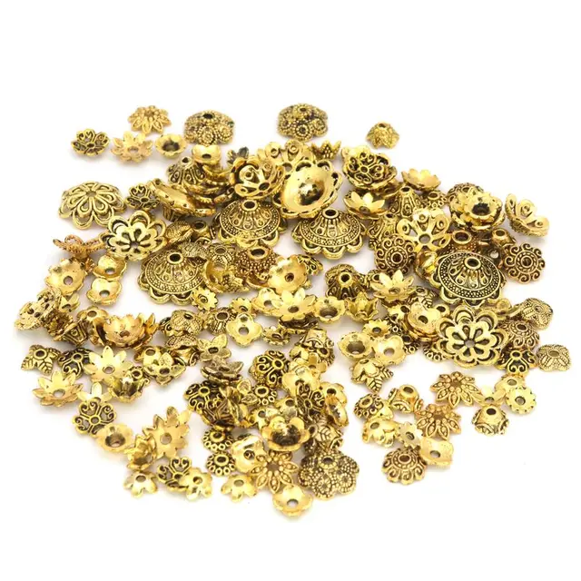 150pcs Mix Tibetan Gold Silver Color Metal Loose Spacer Bead Caps For Diy Jewelry Making Finding Necklace Accessories Wholesale Antique Gold