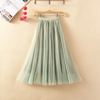 

2019 new bright silk gold velvet pleated skirt medium length mesh skirt women's drop high waist yarn skirt spring