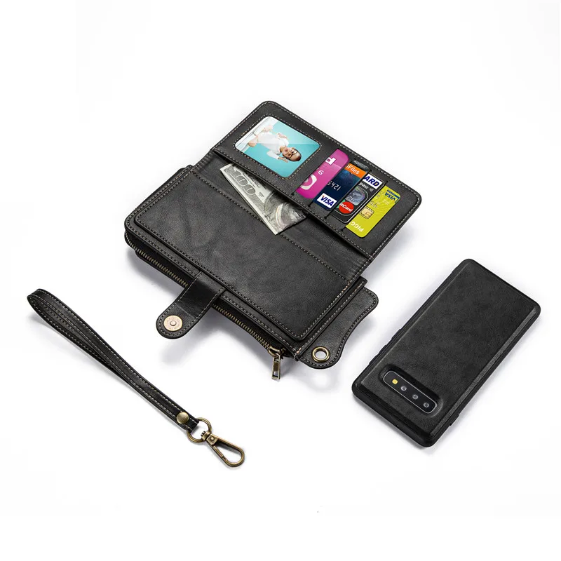 Black Set Роскошная кожаная сумка-кошелек с молнией чехол для Samsung Galaxy S10 Plus многофункциональный съемный чехол-книжка с отделением для карт, на магните чехол - Цвет: Black Set
