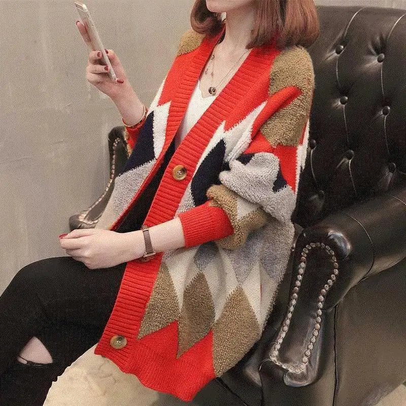 

Languid V-Neck Sweater Cardigan women 2020 new loose large edition autumn winter color matching sweater jacket