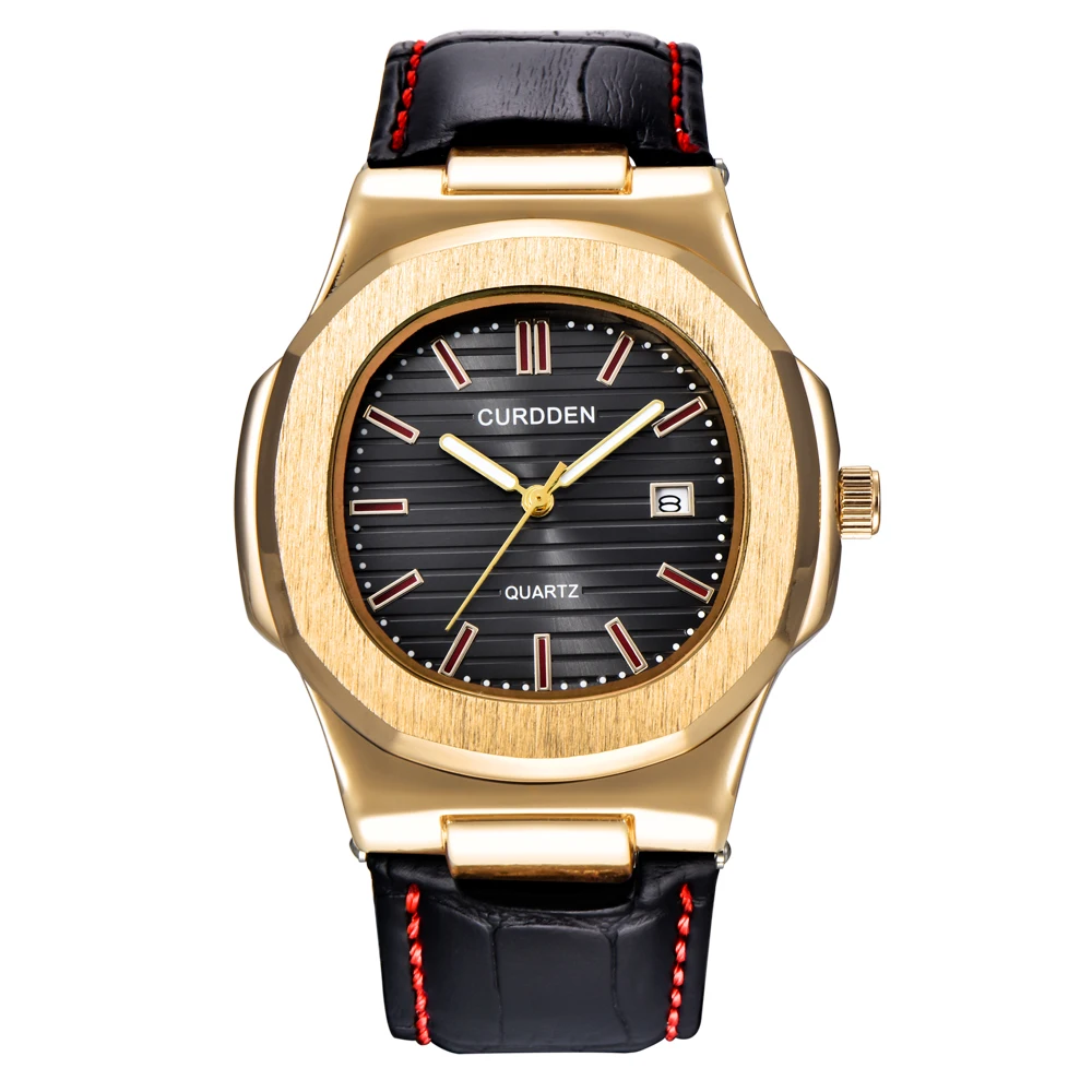 Мужские часы от роскошного бренда, модные часы с кожаным ремешком и датой Quzrtz, наручные часы для мужчин, деловые подарки, часы Montre Homme de Marque 1520 - Цвет: black gold