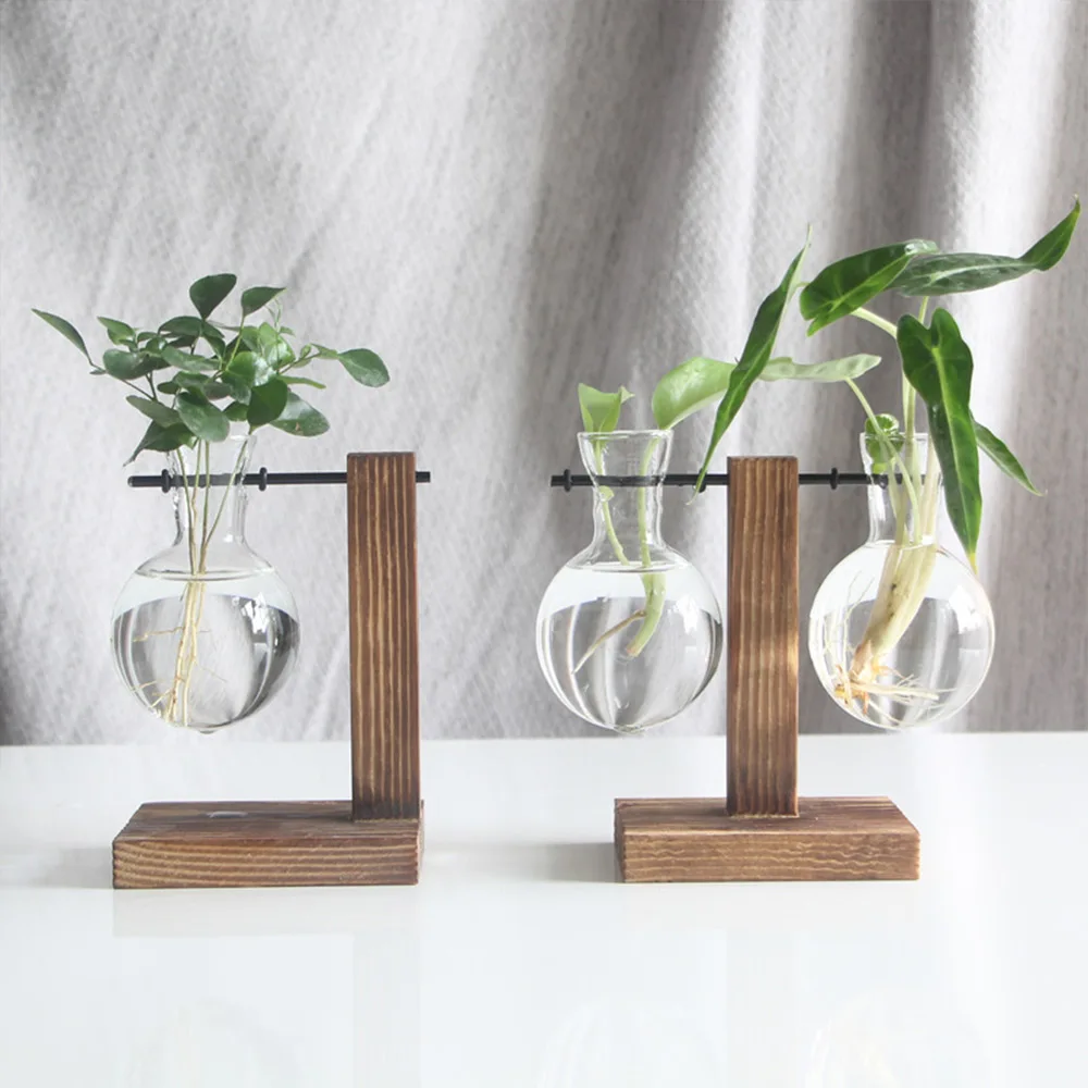 Creative Art Flowers Wooden Glass Vase Home Decor Mini Plant Holder Decoration Modern Nordic Style Vase Garden Ornaments 2