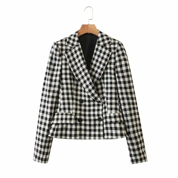 

Elegant women chic blazer 2020 office ladies pocket jackets casual female slim black and white plaid suits girls chic sets